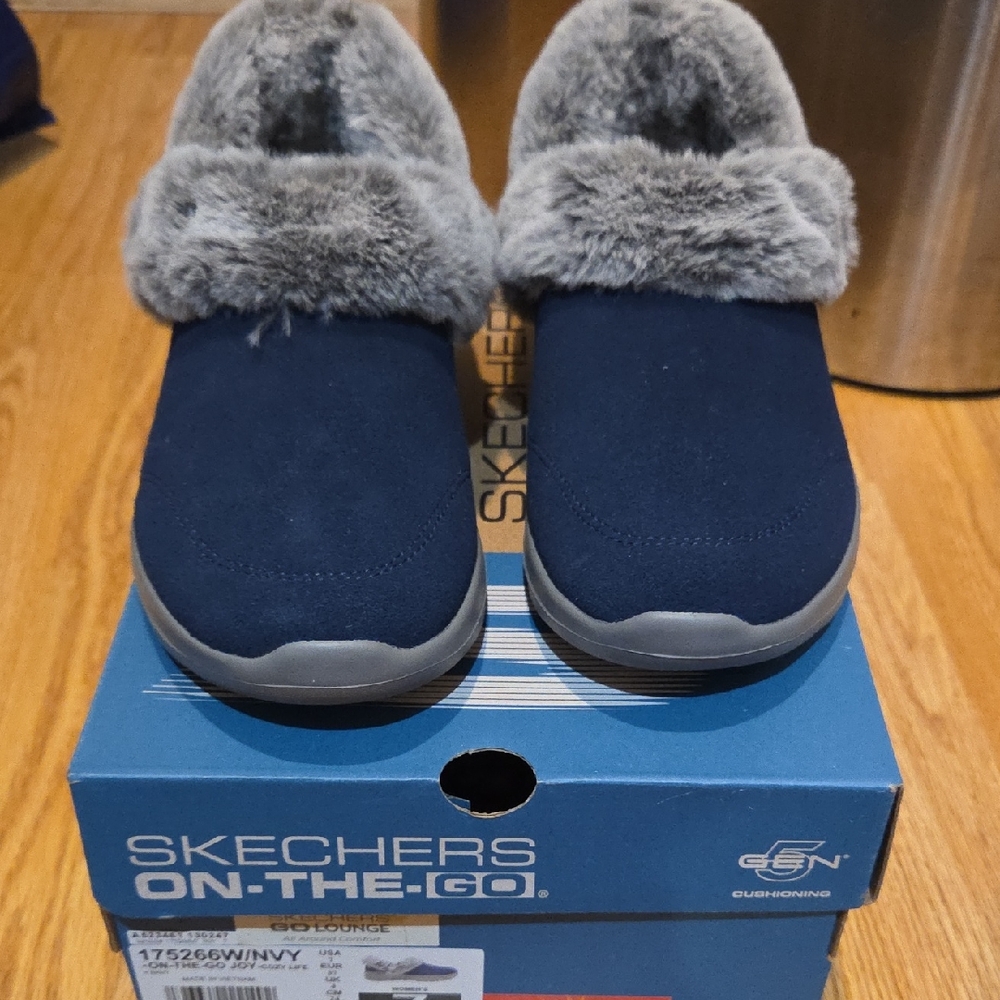 Skechers Blue Slip-On with Gray Faux Fur